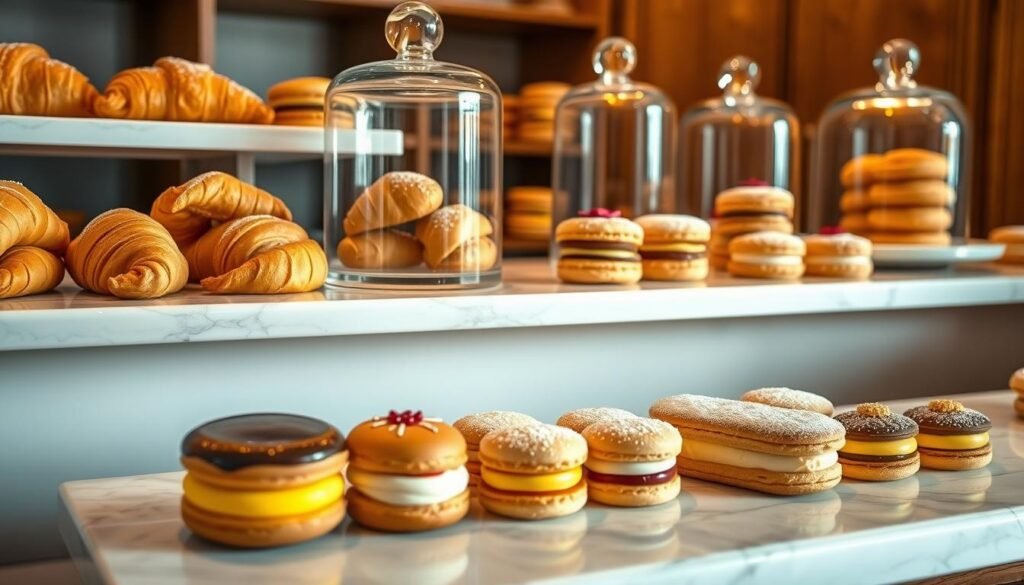 A charming French patisserie display showcases an assortment of delectable pastries arranged on marble shelves. Warm lighting casts a cozy glow, highlighting the flaky croissants, delicate eclairs, and luscious mille-feuille layered with custard and powdered sugar. The foreground features a selection of petit fours in jewel-toned hues, inviting the viewer to indulge. In the middle ground, tall glass cloches protect the fragile pastries, maintaining their freshness. The background reveals a rustic wooden cabinetry, evoking the timeless elegance of a traditional Parisian bakery. This serene scene offers inspiring storage and serving ideas for these irresistible homemade desserts.