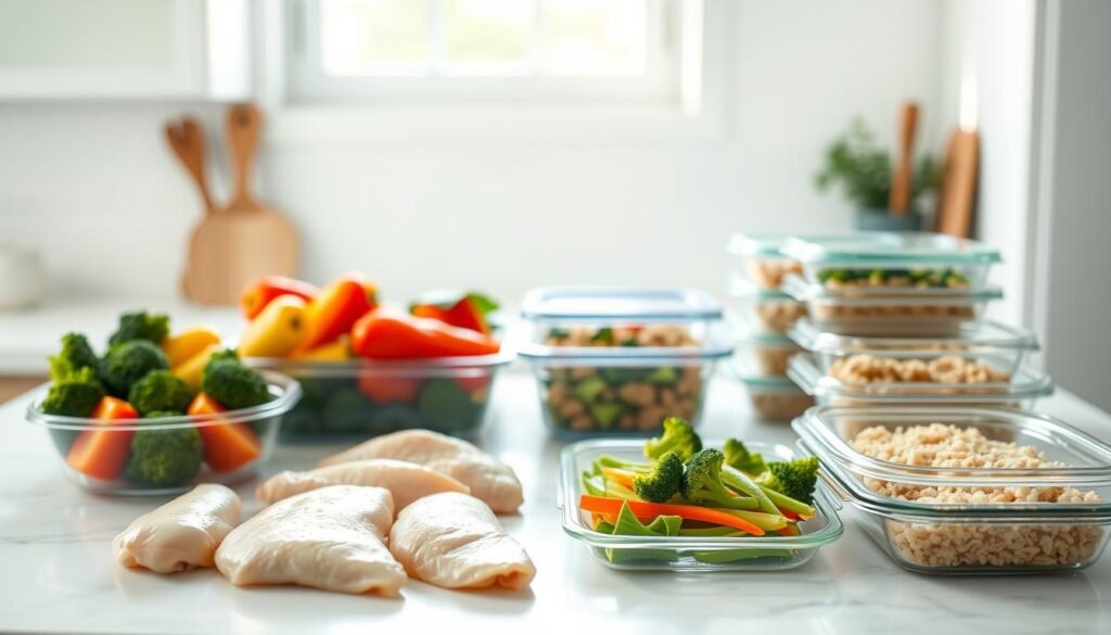 A clean, well-lit kitchen countertop showcases a variety of healthy chicken meal prep components. In the foreground, neatly arranged chicken breasts, colorful vegetables like broccoli and bell peppers, and portions of cooked rice or quinoa. In the middle ground, glass containers and bento-style lunch boxes suggest efficient organization and portion control. The background features a minimalist, white-tiled wall and natural lighting from a window, creating a bright, airy atmosphere. The overall scene conveys a sense of intentionality, balance, and a commitment to nutritious, time-saving meal preparation.