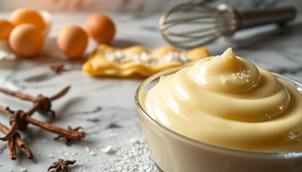A close-up, high-resolution image of a vanilla cream dessert preparation. In the foreground, a bowl of rich, silky smooth vanilla custard with a glossy, creamy texture. Garnished with a light dusting of powdered sugar. In the middle ground, a flaky puff pastry base, golden brown and crisp. The background features a marble countertop, with a few scattered ingredients like vanilla beans, eggs, and a whisk, conveying a sense of homemade, artisanal craftsmanship. Warm, natural lighting from the side casts a soft glow, highlighting the luscious, inviting nature of the dessert. Captured with a shallow depth of field, placing the focus squarely on the centerpiece vanilla cream filling.