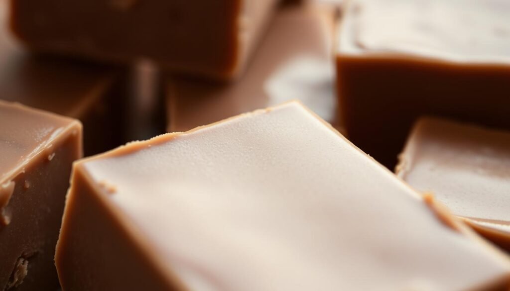 A close-up macro photograph of smooth, glossy homemade fudge, captured under soft, diffused lighting to highlight the rich, creamy texture. The fudge's surface reflects the light, creating a subtle sheen and accentuating the smooth, velvety appearance. The image is framed to showcase the fudge's uniform, unblemished texture, with a shallow depth of field to gently blur the background and keep the focus on the detailed fudge surface. The overall mood is one of artisanal quality and delectable indulgence, inviting the viewer to imagine the satisfying mouthfeel of this perfectly crafted confection.