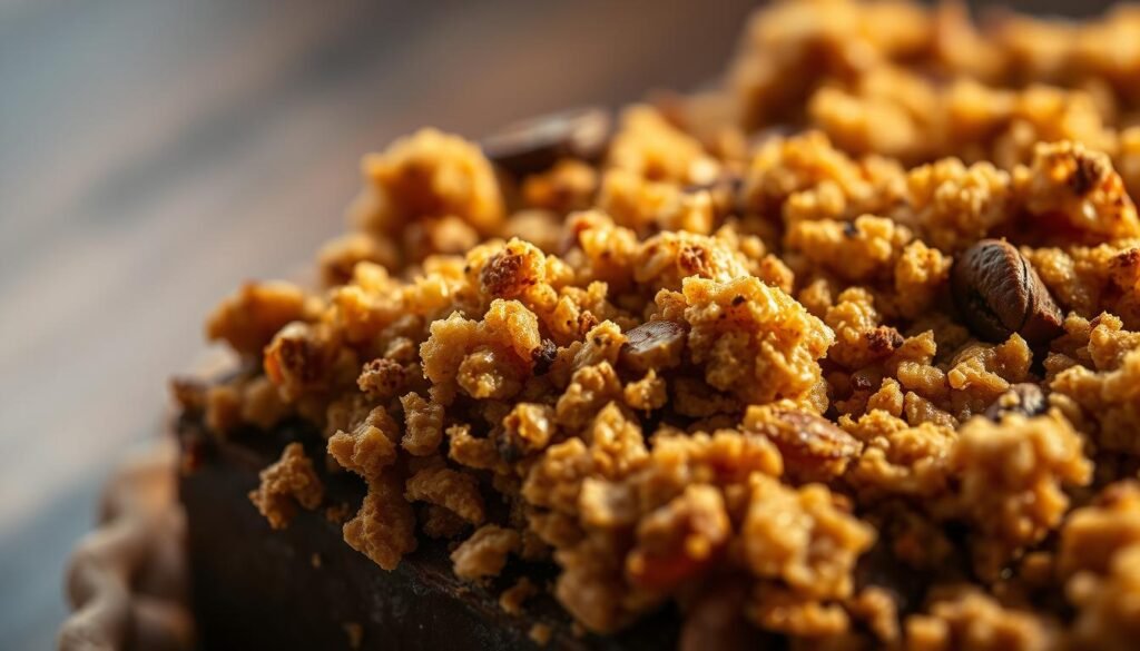 A delectable close-up of a crumbly, golden-brown coffee crumble topping, sprinkled with flecks of fresh ground coffee. The topping sits atop a rich, dark brown base, hinting at the irresistible flavors within. Warm lighting casts a soft glow, emphasizing the textural details - the coarse, crunchy bits of graham cracker and toasted oats, the glossy sheen of melted butter. The composition is balanced, with the topping occupying the focal point, framed by a subtle, out-of-focus background. The overall mood is one of indulgence and temptation, inviting the viewer to envision the satisfying sensation of biting into this decadent coffee-infused crumble.