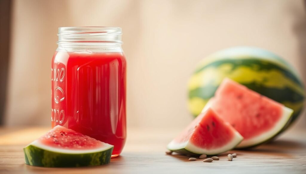 A glass jar filled with vibrant, ruby-red watermelon juice rests on a wooden table, bathed in soft, warm lighting. The liquid glistens, inviting a refreshing sip. Nearby, a crisp, green watermelon slice and a few watermelon seeds are arranged, hinting at the natural origins of this thirst-quenching beverage. The scene exudes a sense of summer's bounty and the joy of preserving its flavors. A shallow depth of field focuses the viewer's attention on the jar, while the background blurs into a comforting, neutral tone, creating a simple, elegant composition.