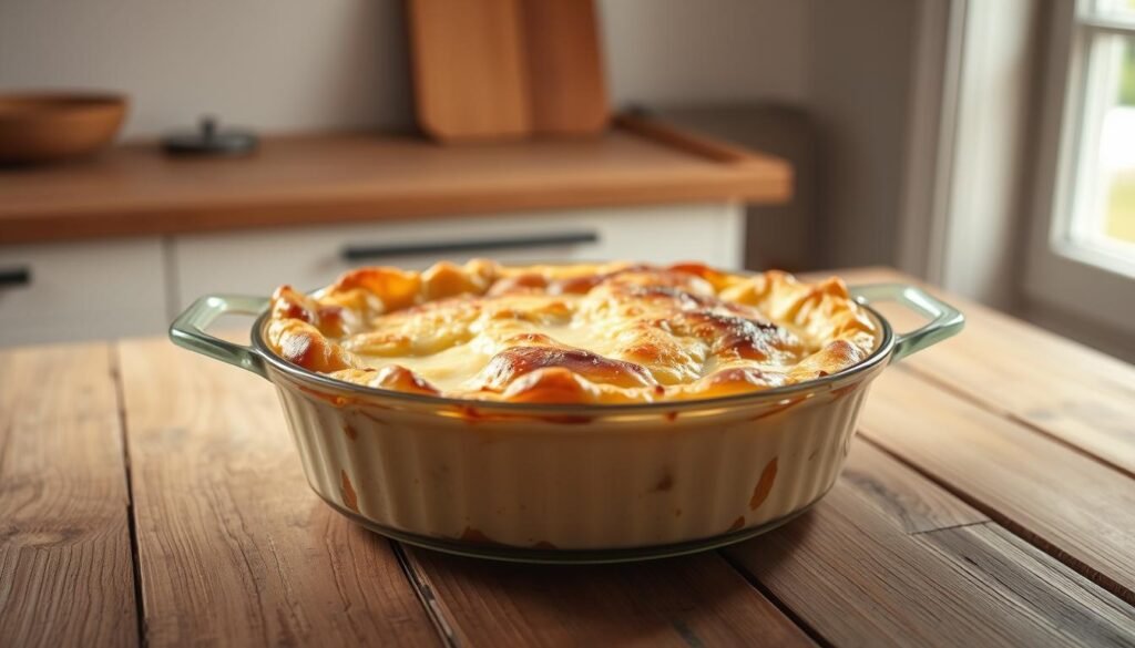 A mouth-watering casserole dish, fresh from the oven, sits on a rustic wooden table. The creamy, bubbling interior is topped with a golden-brown crust, inviting the viewer to take a closer look. Soft lighting from a nearby window casts a warm glow, highlighting the rich colors and textures of the casserole. In the background, a simple, minimalist kitchen setting provides a clean and uncluttered backdrop, allowing the casserole to take center stage. The overall scene conveys a sense of homey comfort and culinary delight, perfectly capturing the essence of a delicious make-ahead casserole.