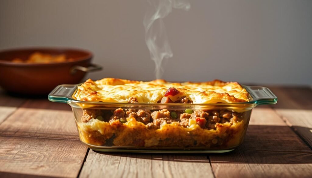 A mouth-watering shepherd's pie, freshly baked with a golden-brown crust, sits atop a rustic wooden table. The filling, made with tender ground lamb, aromatic vegetables, and a rich, savory gravy, is visible through the transparent glass baking dish. Delicate wisps of steam rise from the piping hot dish, enticing the senses. The foreground is illuminated by soft, natural lighting, casting gentle shadows and highlights that accentuate the dish's textures and colors. In the background, a simple, minimalist setting with neutral tones provides a clean, uncluttered backdrop, allowing the star of the show - the exceptional shepherd's pie - to take center stage.