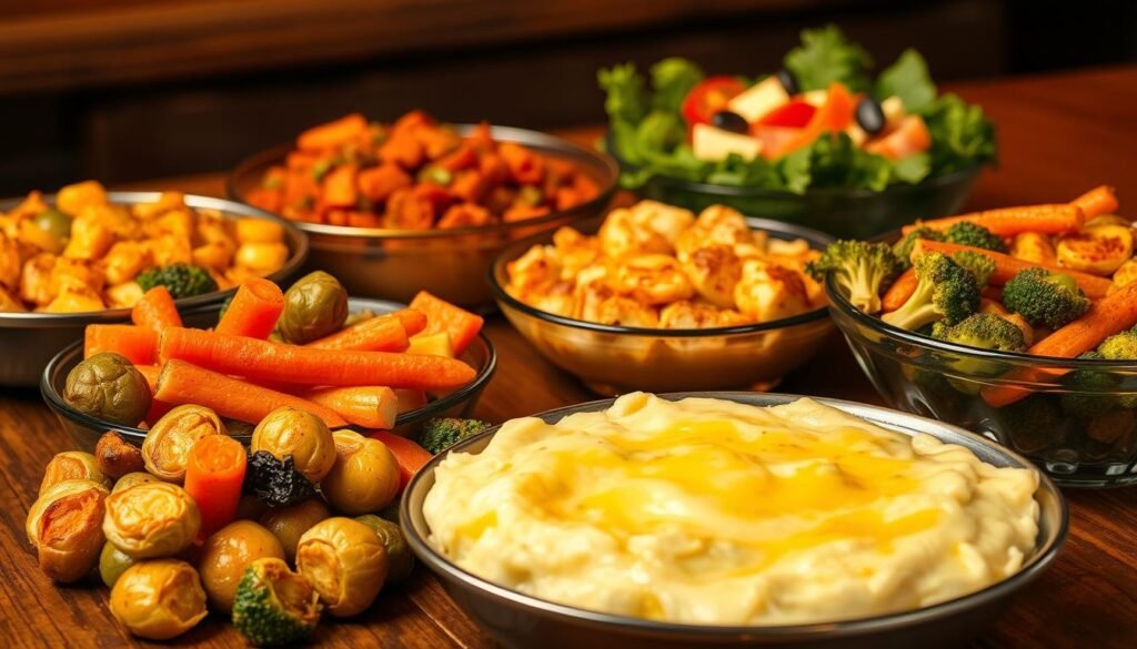 A mouthwatering display of assorted casserole side dishes, artfully arranged on a rustic wooden table. In the foreground, a delectable mix of roasted vegetables - golden-brown Brussels sprouts, tender carrots, and vibrant broccoli florets. In the middle ground, a creamy mashed potato casserole, its buttery goodness beckoning. Behind it, a crisp green salad with a vibrant vinaigrette dressing, adding a refreshing contrast. Warm, homey lighting casts a soft glow, creating an inviting atmosphere. The entire scene exudes the comforting essence of a perfect casserole accompaniment, ready to delight the senses and complement the main dish.