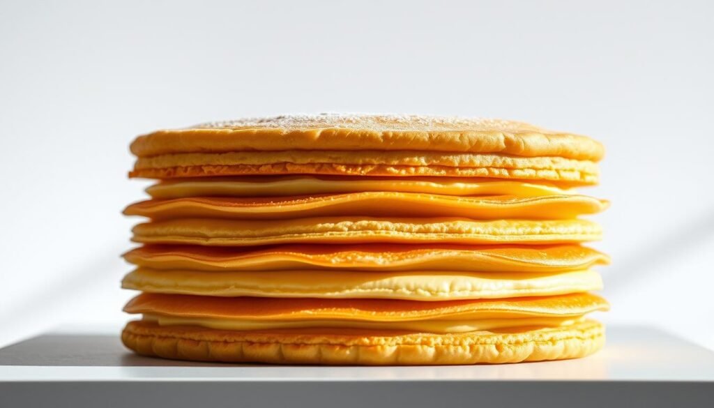 A neatly arranged display of a classic Napoleon cake, showcasing its intricate layering technique. The golden-brown puff pastry layers are meticulously stacked, separated by a luscious custard cream filling. The cake is elegantly presented against a clean, soft-focus background, casting gentle shadows that accentuate its depth and textures. Carefully positioned lighting casts a warm, inviting glow, highlighting the delicate folds and flaky exterior of the pastry. The overall composition strikes a balance between the cake's refined elegance and the viewer's desire to savor its irresistible flavors.