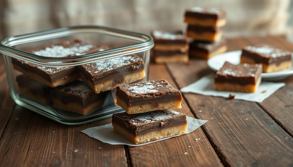 A rustic wooden table with a neatly arranged display of homemade coffee dessert bars, their rich chocolate and caramel layers glistening under soft, natural lighting. In the foreground, a glass storage container showcases the bars, their edges neatly trimmed and their surfaces dusted with a light sprinkling of powdered sugar. In the middle ground, a few stray crumbs and a small plate with a single bite-sized sample suggest a recent indulgence. The background features a subtle, out-of-focus pattern of burlap or linen, adding to the cozy, homemade ambiance. The overall mood is one of temptation and comfort, inviting the viewer to savor the delectable treats and consider the best ways to store and serve them.