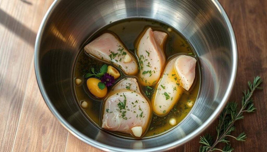A stainless steel mixing bowl filled with a flavorful marinade of olive oil, garlic, herbs, and spices. Sliced chicken breasts are submerged in the aromatic mixture, ready to be massaged and coated evenly. Soft natural lighting illuminates the scene, creating a warm, inviting atmosphere. The bowl sits atop a rustic wooden surface, complemented by a few sprigs of fresh thyme and rosemary. The composition is framed from a high angle, capturing the preparation process in a clean, minimalist style.