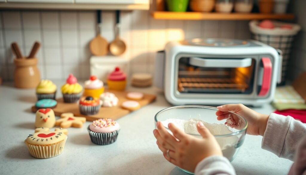 A warm, inviting kitchen scene with a counter top showcasing various simple baking projects for kids - colorful cupcakes, cookies shaped like animals, mini cakes with sprinkles, and a small easy bake oven in the background. The lighting is soft and natural, casting a cozy glow over the scene. In the foreground, a child's hands are shown mixing ingredients in a bowl, demonstrating the hands-on process of baking. The overall atmosphere is one of fun, creativity, and the joy of learning to bake.