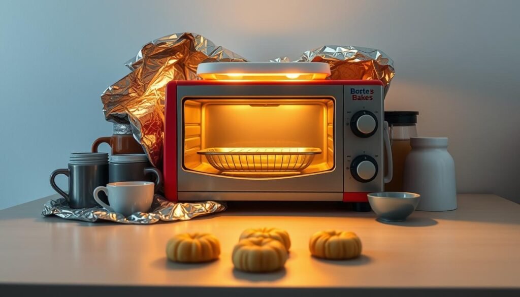 A well-lit kitchen counter, with an Easy Bake Oven at the center. Surrounding it are various household items - tin foil, coffee mugs, small bowls, and other inexpensive materials. The oven is bathed in warm, golden light, creating a cozy, inviting atmosphere. In the foreground, a few simple homemade treats are displayed, hinting at the delicious possibilities of budget-friendly baking. The background features a clean, minimalist wall, allowing the improvised oven setup to be the focal point. The image conveys a sense of creativity, resourcefulness, and the joy of making something delicious with limited means.