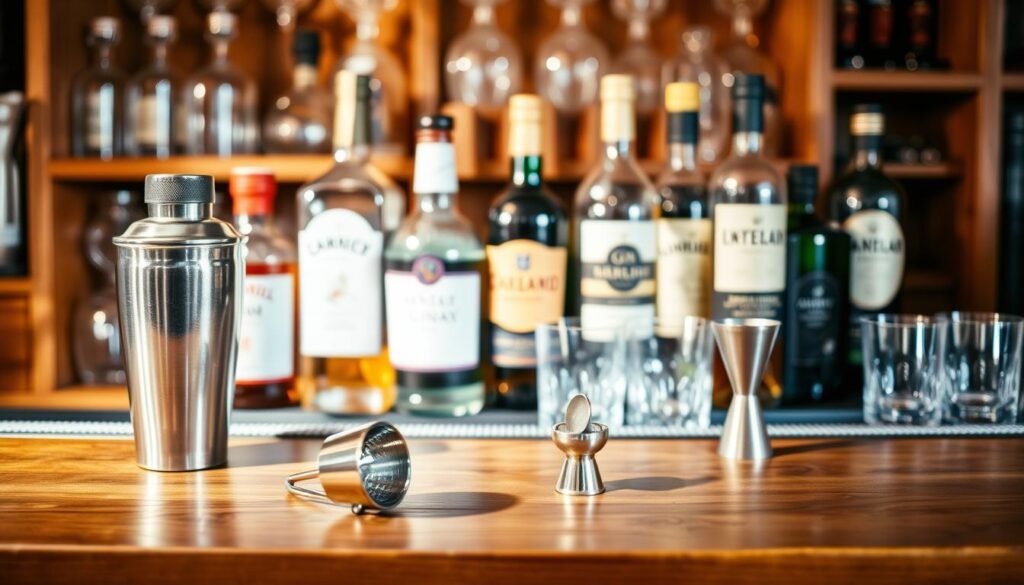 A wooden bar counter with a selection of classic cocktail ingredients and tools. In the foreground, a shaker, strainer, and jigger are neatly arranged, casting soft shadows. In the middle ground, a variety of liquor bottles, such as gin, whiskey, and vermouth, are displayed against a backdrop of stylish glassware. The lighting is warm and inviting, creating a cozy, speakeasy-inspired atmosphere. The overall composition suggests an effortless elegance, inviting the viewer to imagine crafting their own timeless cocktails at home.