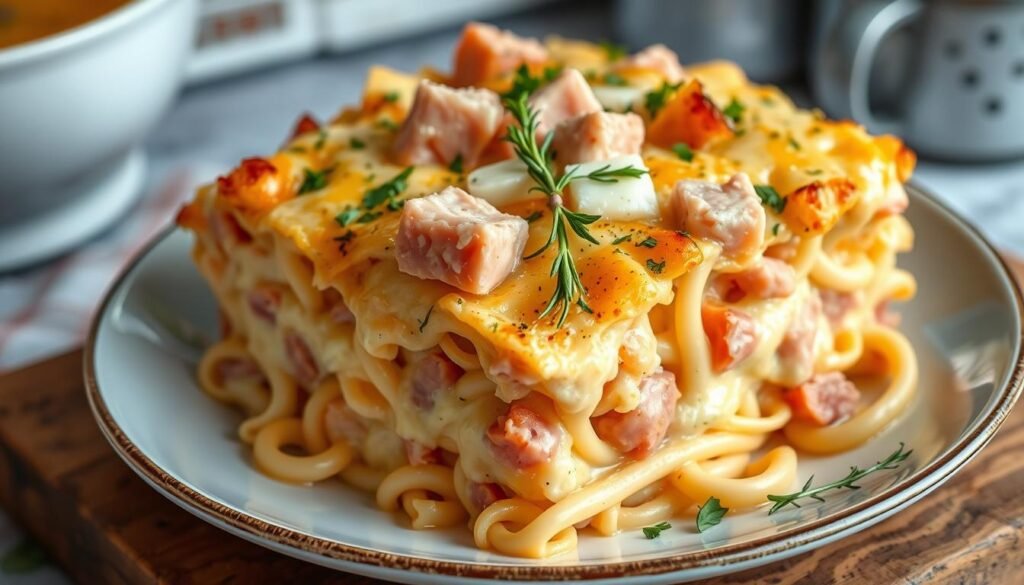 An image of a ham and cheese pasta casserole dish