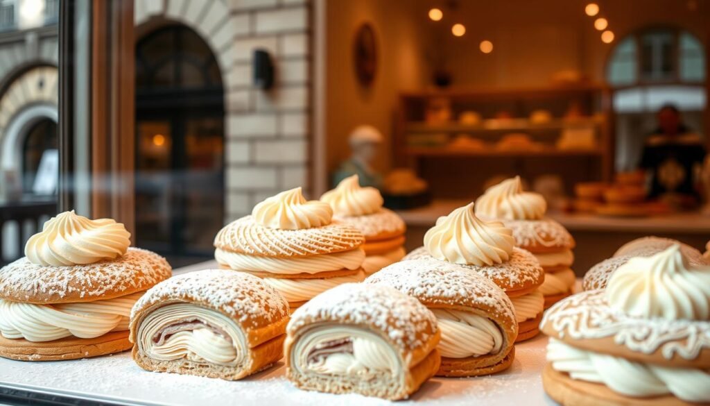 Delicate Parisian pastry display in a quaint patisserie window, showcasing meticulously crafted mille-feuille with intricate piped buttercream designs and dusting of powdered sugar. Soft, warm lighting illuminates the intricate textures and sheen of the layered puff pastry, creating an inviting and artisanal atmosphere. The display is set against a backdrop of elegant French architecture, hinting at the rich culinary heritage. Captured with a shallow depth of field to emphasize the stunning pastry craftsmanship. An image that evokes the timeless traditions and contemporary interpretations of classic French cake decorating.
