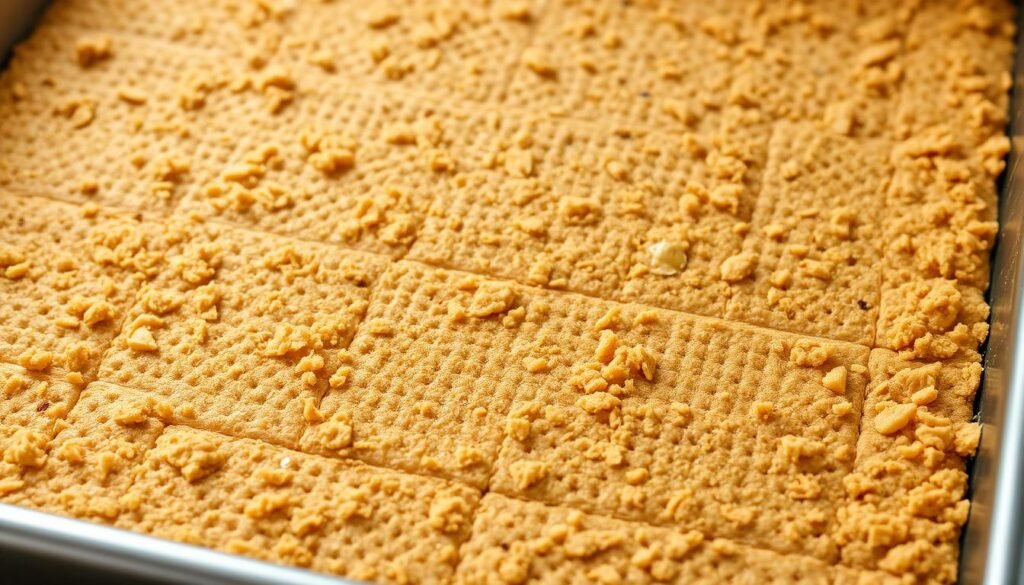 Detailed close-up shot of a freshly prepared graham cracker base for coffee crumble bars, captured in natural soft lighting. The graham crackers are evenly arranged in a stainless steel baking tray, their golden-brown surfaces glistening with a light brushing of melted butter. Crumbs and crumbs are scattered around the edges, hinting at the delicate texture to come. The composition emphasizes the preparation process, with a sense of warmth, simplicity and care in the making of this essential component. Shallow depth of field keeps the focus on the graham cracker base, while subtly suggesting the larger dessert to be assembled.