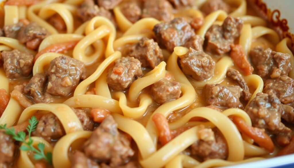Generate an image of a beef noodle casserole with tender chunks of beef, noodles, and a creamy sauce.