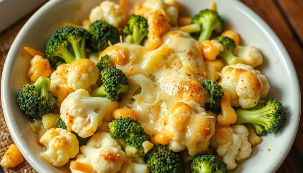 Generate an image of a broccoli and cauliflower casserole dish.