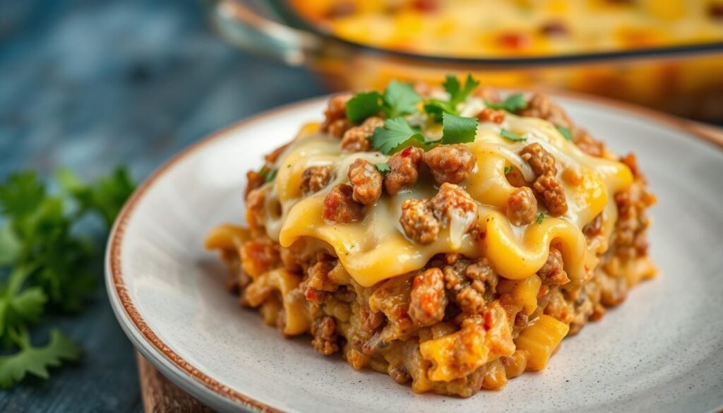 Generate an image of a classic hamburger casserole with layers of ground beef, pasta, and cheese.