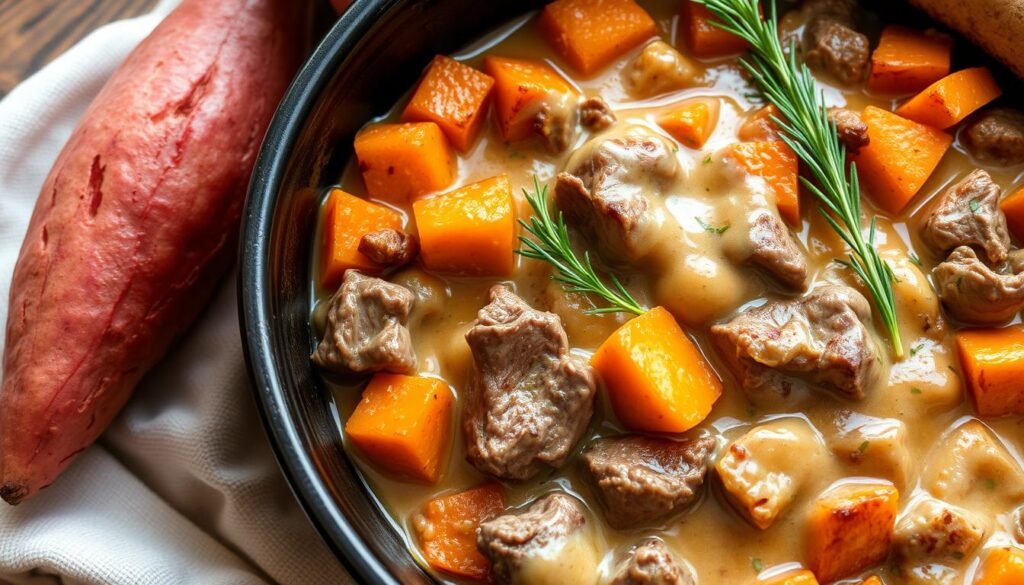Generate an image of a fall or winter comfort casserole with beef, sweet potatoes, and a creamy sauce.