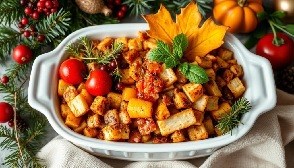 Generate an image of a holiday casserole dish with seasonal ingredients and garnishes.