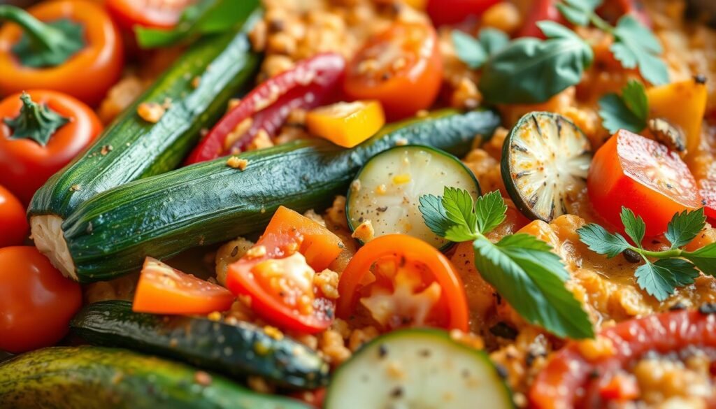 Generate an image of a summer vegetable casserole with zucchini, bell peppers, and tomatoes.
