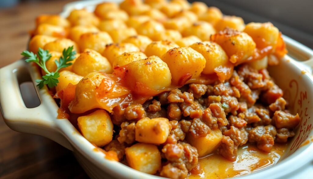 Generate an image of a tater tot casserole with a crispy top layer and a savory ground beef filling.