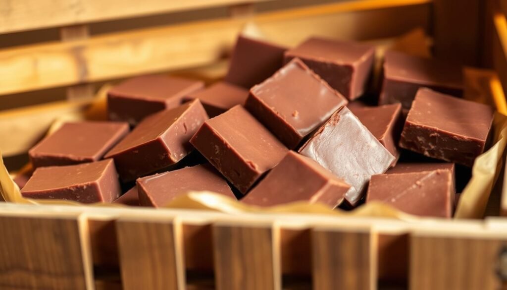 Homemade fudge nestled in a rustic wooden crate, illuminated by warm, golden lighting. Smooth, creamy squares of chocolate fudge arranged neatly, their rich hues contrasting with the weathered, natural tones of the crate. Wooden slats frame the composition, suggesting a cozy kitchen counter or rustic shelving unit. Soft shadows and highlights accentuate the tempting texture of the fudge, inviting the viewer to imagine the satisfying bite. The overall atmosphere is one of homely, inviting comfort, perfectly capturing the essence of "Storage and Shelf Life" for an easy fudge recipe.