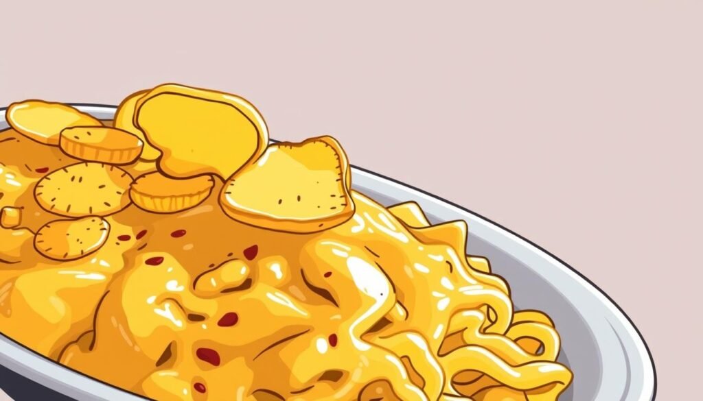 Image of turkey noodle casserole with a creamy cheddar sauce and crispy potato chips on top