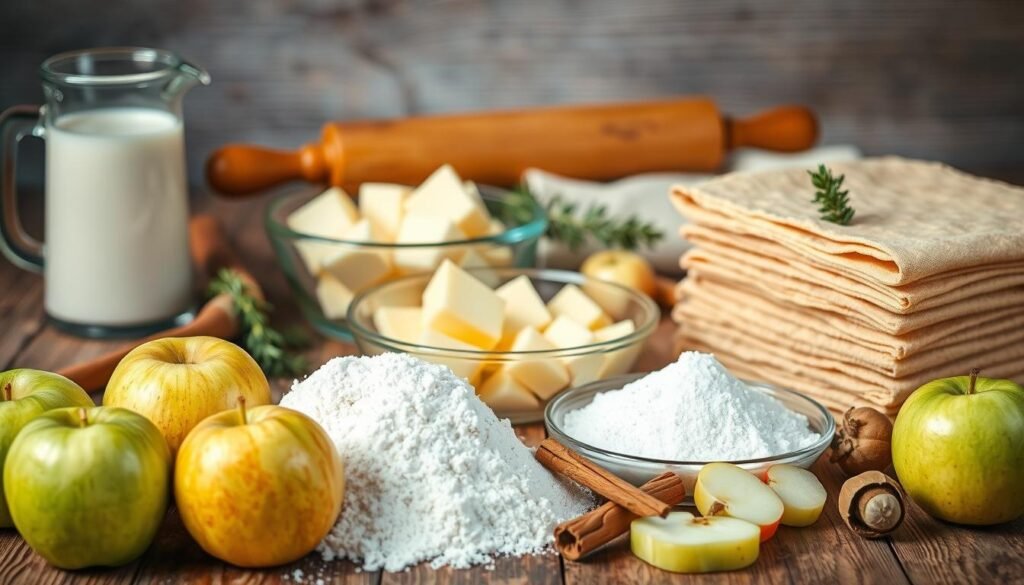 a beautifully lit, high-resolution photograph of an assortment of fresh ingredients for apple pie, arranged neatly on a rustic wooden table. In the foreground, there are crisp Granny Smith apples, whole and sliced, alongside a pile of all-purpose flour, granulated sugar, and a cinnamon stick. In the middle ground, a glass bowl filled with butter cubes, a rolling pin, and a pie dish sit next to a neatly stacked stack of golden brown pie crust. In the background, a glass pitcher of milk, a sprig of fresh thyme, and a few whole nutmegs add depth and balance to the composition. The lighting is soft and natural, creating a warm, inviting atmosphere that highlights the textures and colors of the ingredients.