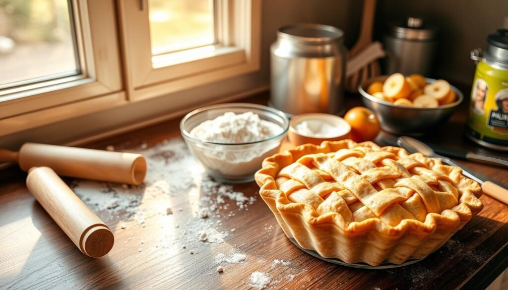 a kitchen counter, with a freshly baked apple pie in the foreground, surrounded by baking ingredients and utensils. Sunlight streams in through a nearby window, casting a warm, golden glow over the scene. The pie's golden-brown crust is perfectly flaky, with a lattice design on top. Beside the pie, a rolling pin, flour, a bowl of apple slices, and a mixing spoon are neatly arranged, suggesting the process of assembling the pie. The overall composition conveys a sense of homemade comfort and the satisfying feeling of a job well done.