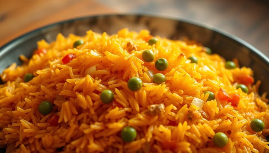 a steaming plate of flavorful mexican rice, with grains of rice in a vibrant saffron-tinged hue, interspersed with diced bell peppers, onions, and peas. the rice is cooked to a fluffy, slightly sticky texture, with a subtle smoky aroma from cumin and chili powder. the plate is illuminated by warm, golden lighting, casting a cozy, homey atmosphere. the rice is photographed from a high, angled perspective, capturing the intricate details and vibrant colors. the overall mood is one of rustic, appetizing comfort, inviting the viewer to savor the flavors of this delectable mexican rice dish.